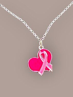 Breast Cancer Pink Hope Heart With Silver Tone Chain Necklace with Lobster Clasp